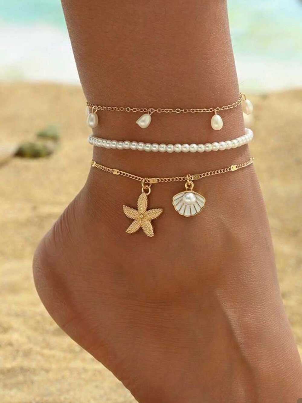 3-Piece Gold Pearl Starfish & Seashell Anklet Set – Beach Vacation Jewelry